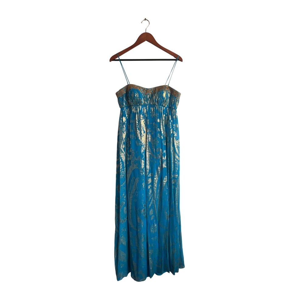 Aidan Mattox Silk Metallic Gold Turquoise Beaded Empire Maxi Dress 10